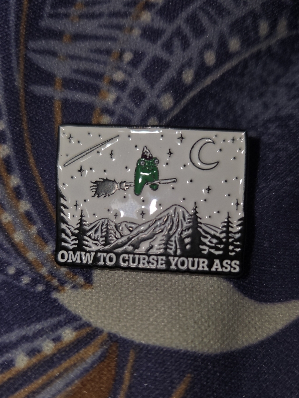 Enamel Witch Frog Pin — White, Black & Green